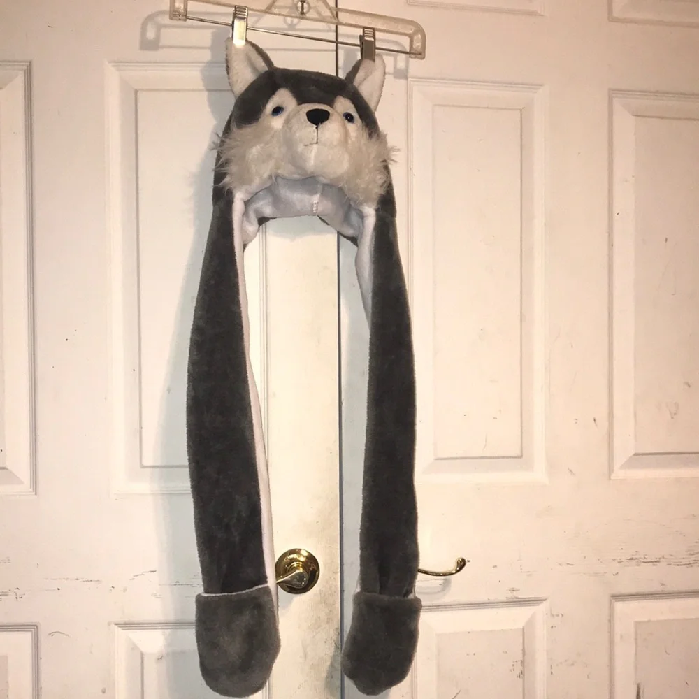 Gray Wolf Plush Hat with Paws